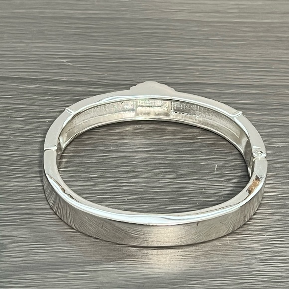 Silver Hinged Bangle Bracelet w/ Seafoam Green and Peach Enamel and CZ Diamond - Picture 4 of 6